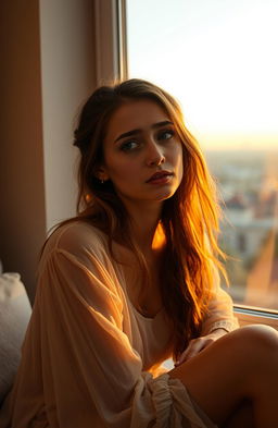 A lonely and beautiful woman conveying deep pain and sadness, sitting in front of a large window