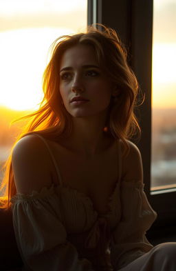 A lonely and beautiful woman conveying deep pain and sadness, sitting in front of a large window