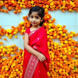 An Indian girl wearing a vibrant red embroidered saree, gracefully standing in front of a wall adorned with an abundance of marigold flowers, creating a striking contrast