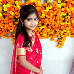 An Indian girl wearing a vibrant red embroidered saree, gracefully standing in front of a wall adorned with an abundance of marigold flowers, creating a striking contrast