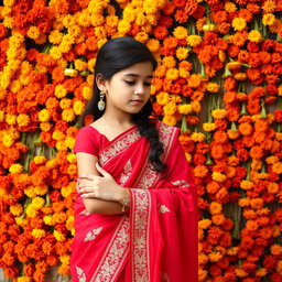 An Indian girl wearing a vibrant red embroidered saree, gracefully standing in front of a wall adorned with an abundance of marigold flowers, creating a striking contrast