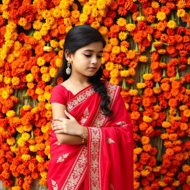 An Indian girl wearing a vibrant red embroidered saree, gracefully standing in front of a wall adorned with an abundance of marigold flowers, creating a striking contrast