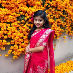 An Indian girl wearing a vibrant red embroidered saree, gracefully standing in front of a wall adorned with an abundance of marigold flowers, creating a striking contrast