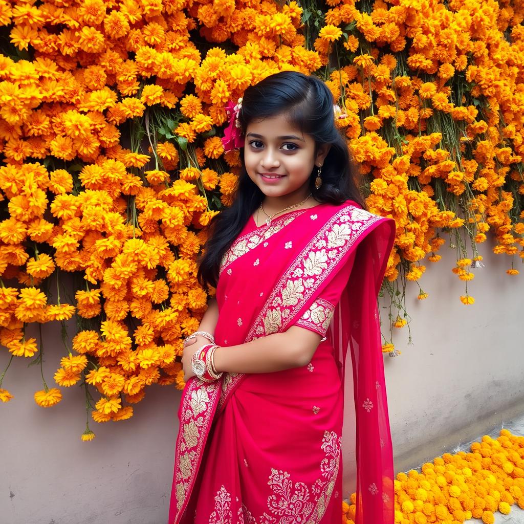 An Indian girl wearing a vibrant red embroidered saree, gracefully standing in front of a wall adorned with an abundance of marigold flowers, creating a striking contrast