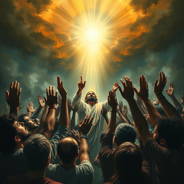 A dramatic and emotive scene depicting a group of diverse individuals in a state of despair, reaching out with hands raised towards a radiant figure of Jesus Christ, who embodies hope and compassion