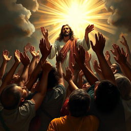 A dramatic and emotive scene depicting a group of diverse individuals in a state of despair, reaching out with hands raised towards a radiant figure of Jesus Christ, who embodies hope and compassion