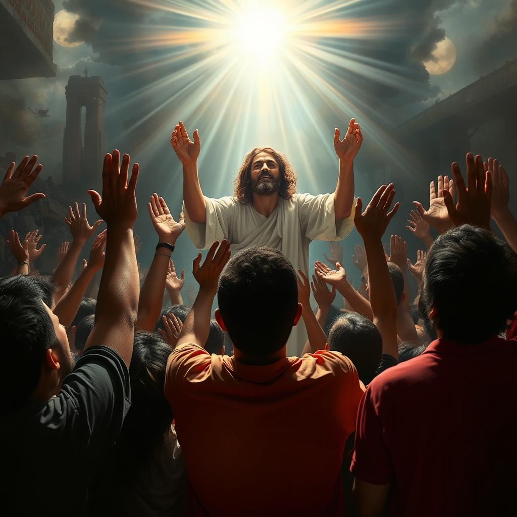 A dramatic and emotive scene depicting a group of diverse individuals in a state of despair, reaching out with hands raised towards a radiant figure of Jesus Christ, who embodies hope and compassion