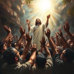 A dramatic and emotive scene depicting a group of diverse individuals in a state of despair, reaching out with hands raised towards a radiant figure of Jesus Christ, who embodies hope and compassion