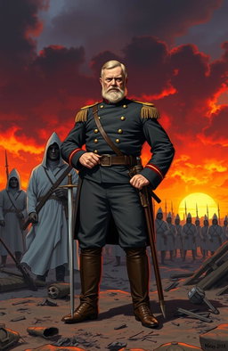 A dramatic illustration of General William Tecumseh Sherman, dressed in Civil War military attire, standing boldly against a group of hooded Ku Klux Klan members in the background