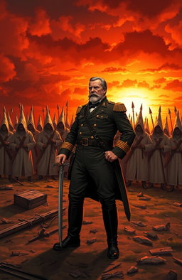 A dramatic illustration of General William Tecumseh Sherman, dressed in Civil War military attire, standing boldly against a group of hooded Ku Klux Klan members in the background