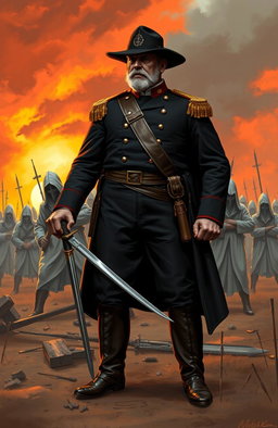A dramatic illustration of General William Tecumseh Sherman, dressed in Civil War military attire, standing boldly against a group of hooded Ku Klux Klan members in the background