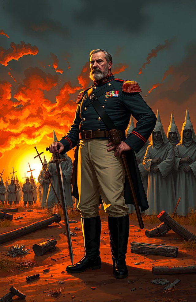 A dramatic illustration of General William Tecumseh Sherman, dressed in Civil War military attire, standing boldly against a group of hooded Ku Klux Klan members in the background