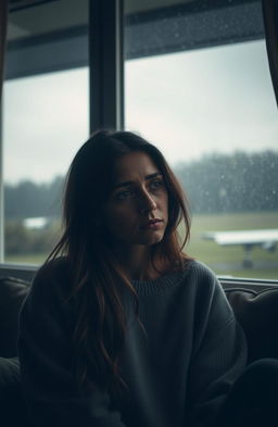 A lonely woman with deep sadness in her eyes, sitting in front of a large window