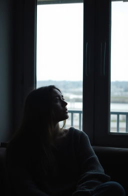 A lonely woman with deep sadness in her eyes, sitting in front of a large window