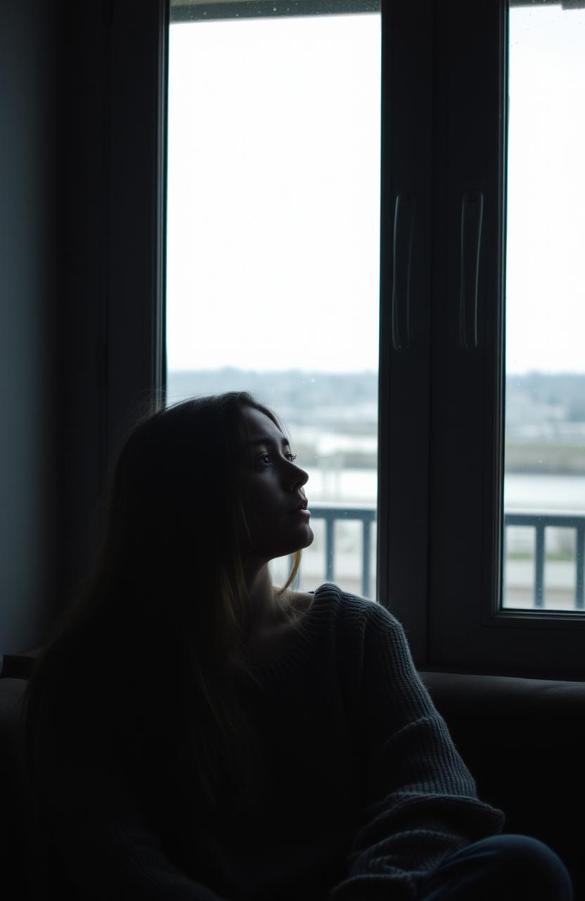A lonely woman with deep sadness in her eyes, sitting in front of a large window