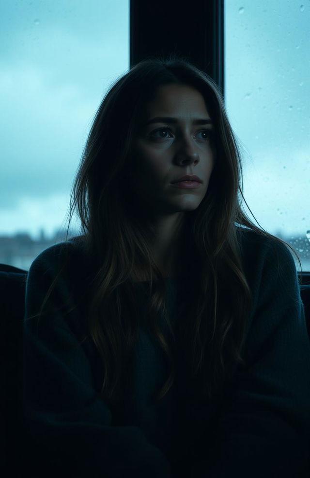 A lonely woman with deep sadness in her eyes, sitting in front of a large window