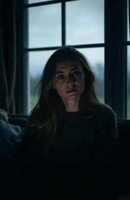 A lonely woman with deep sadness in her eyes, sitting in front of a large window