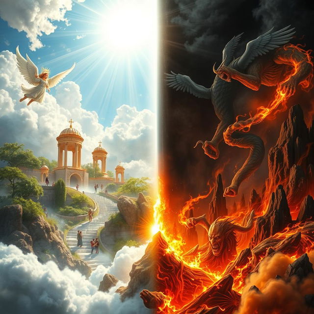 A dramatic scene illustrating the concept of Heaven versus Hell