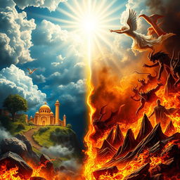 A dramatic scene illustrating the concept of Heaven versus Hell