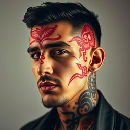 A striking portrait of an Iranian singer named Amir Tatlou, showcasing his unique style