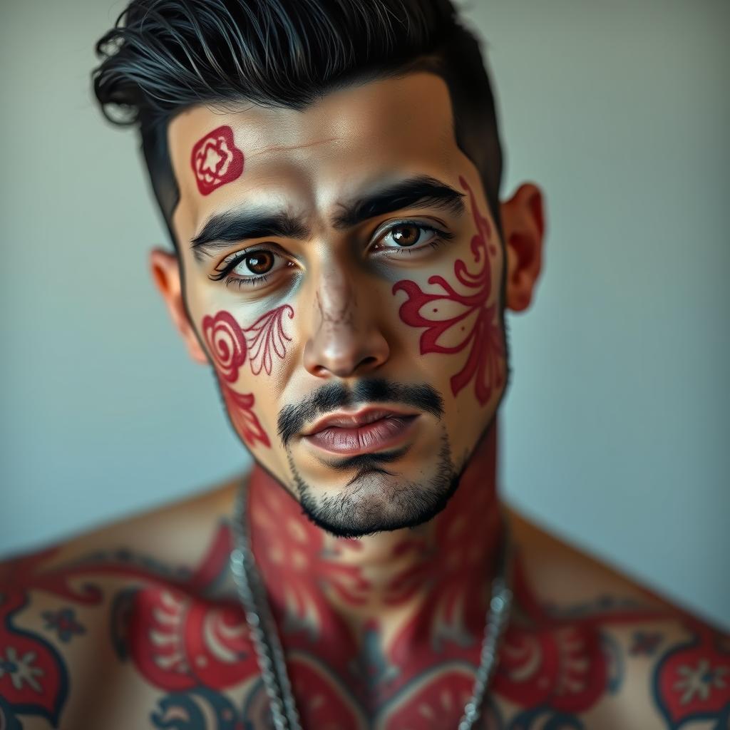 A striking portrait of an Iranian singer named Amir Tatlou, showcasing his unique style