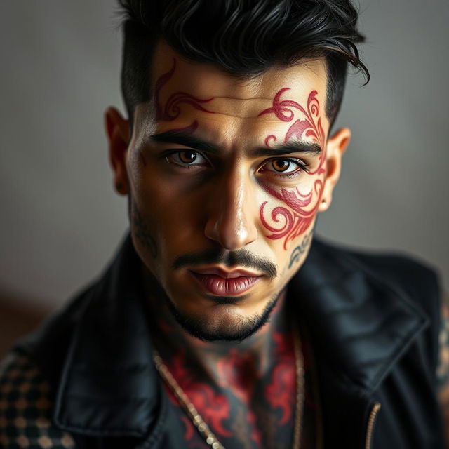 A striking portrait of an Iranian singer named Amir Tatlou, showcasing his unique style