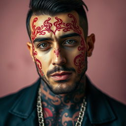 A striking portrait of an Iranian singer named Amir Tatlou, showcasing his unique style