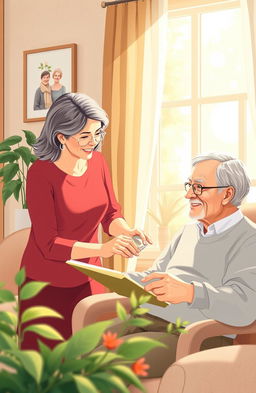 An illustration depicting a serene and compassionate scene of a caregiver helping an elderly person in a peaceful home environment