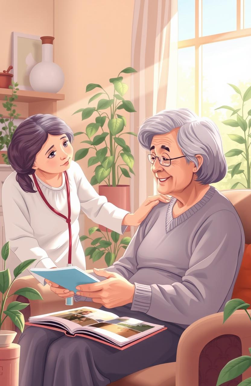 An illustration depicting a serene and compassionate scene of a caregiver helping an elderly person in a peaceful home environment