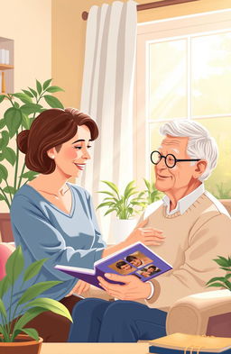 An illustration depicting a serene and compassionate scene of a caregiver helping an elderly person in a peaceful home environment