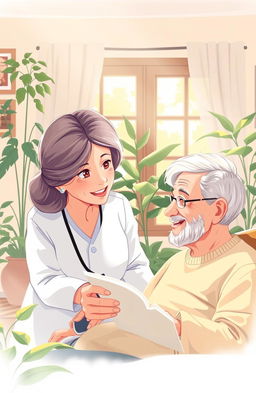 An illustration depicting a serene and compassionate scene of a caregiver helping an elderly person in a peaceful home environment