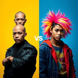 A striking visual representation of a bold person versus a colorful character with vibrant hair