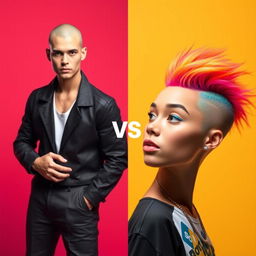 A striking visual representation of a bold person versus a colorful character with vibrant hair
