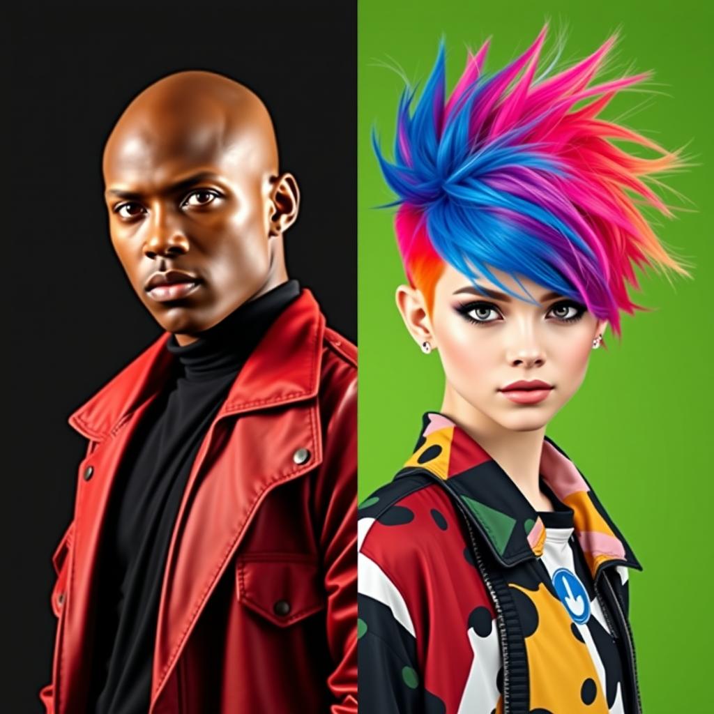 A striking visual representation of a bold person versus a colorful character with vibrant hair