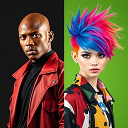 A striking visual representation of a bold person versus a colorful character with vibrant hair