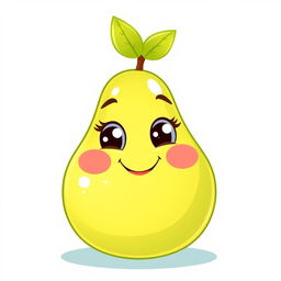 A charming illustration of a cute, smiling pear character with a shiny green exterior