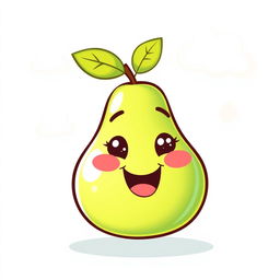 A charming illustration of a cute, smiling pear character with a shiny green exterior