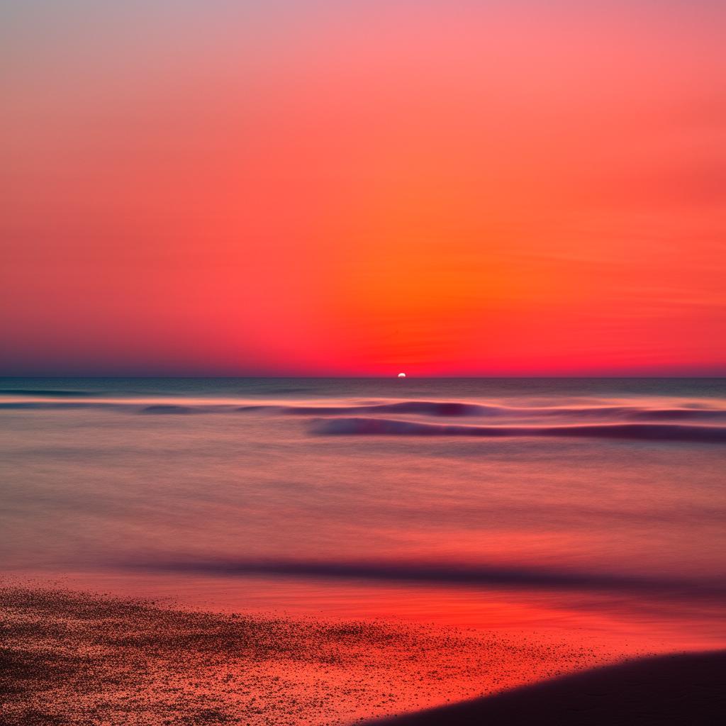 A vibrant sunset over a serene beach, complete with blue waters, light waves, a sandy shore and a glowing red-orange sun descending into the horizon.