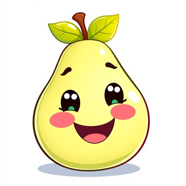 A charming illustration of a cute, smiling pear character with a shiny green exterior