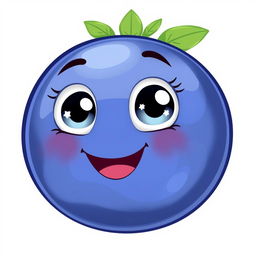 A whimsical illustration of a cute, smiling blueberry character with dreamy eyes