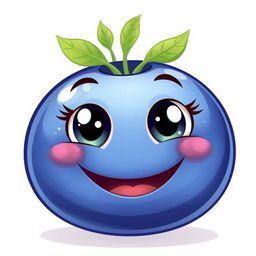 A whimsical illustration of a cute, smiling blueberry character with dreamy eyes