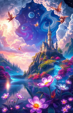 A mystical fantasy landscape featuring a majestic castle perched on a cliff, surrounded by vibrant colors of magical forests and glowing rivers