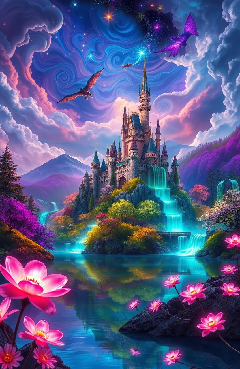 A mystical fantasy landscape featuring a majestic castle perched on a cliff, surrounded by vibrant colors of magical forests and glowing rivers