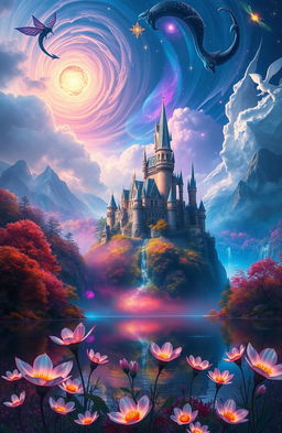 A mystical fantasy landscape featuring a majestic castle perched on a cliff, surrounded by vibrant colors of magical forests and glowing rivers