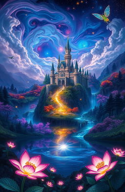 A mystical fantasy landscape featuring a majestic castle perched on a cliff, surrounded by vibrant colors of magical forests and glowing rivers