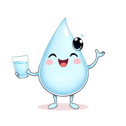 A charming illustration of a cute, smiling drop of water character with dreamy eyes, two arms, and two legs