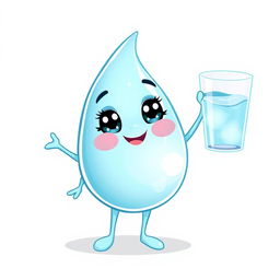 A charming illustration of a cute, smiling drop of water character with dreamy eyes, two arms, and two legs