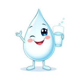 A charming illustration of a cute, smiling drop of water character with dreamy eyes, two arms, and two legs