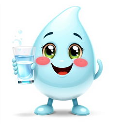 A charming illustration of a cute, smiling drop of water character with dreamy eyes, two arms, and two legs