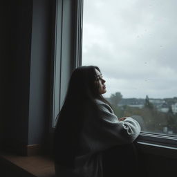 A lonely woman in deep pain and sadness, sitting by a large window